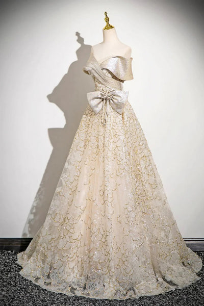 Champagne Glitter Sequins Off the Shoulder Floor Length Long Prom Dresses, Off the Shoulder Champagne Formal Graduation Evening Dresses WT1571