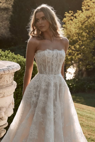 Champagne Lace Strapless Long Prom Dresses with Train, Champagne Lace Formal Dresses, Champagne Evening Dresses WT1771