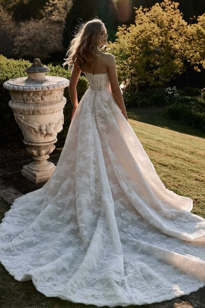 Champagne Lace Strapless Long Prom Dresses with Train, Champagne Lace Formal Dresses, Champagne Evening Dresses WT1771