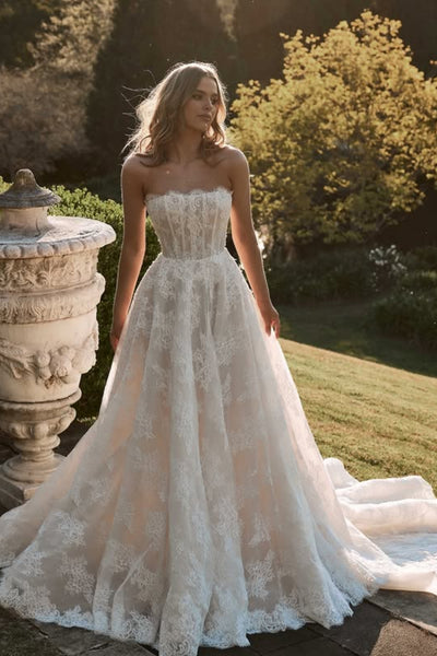 Champagne Lace Strapless Long Prom Dresses with Train, Champagne Lace Formal Dresses, Champagne Evening Dresses WT1771