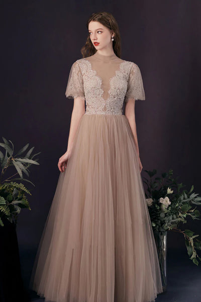 Champagne Tulle A Line Floor Length Short Sleeves Lace Prom Dresses, Champagne Lace Formal Evening Dresses, Champagne Bridesmaid Dresses WT1496