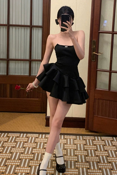 Chic Strapless Black Satin Short Prom Dresses, Layered Black Homecoming Dresses, Short Black Formal Graduation Evening Dresses WT1264