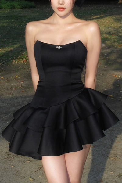 Chic Strapless Black Satin Short Prom Dresses, Layered Black Homecoming Dresses, Short Black Formal Graduation Evening Dresses WT1264