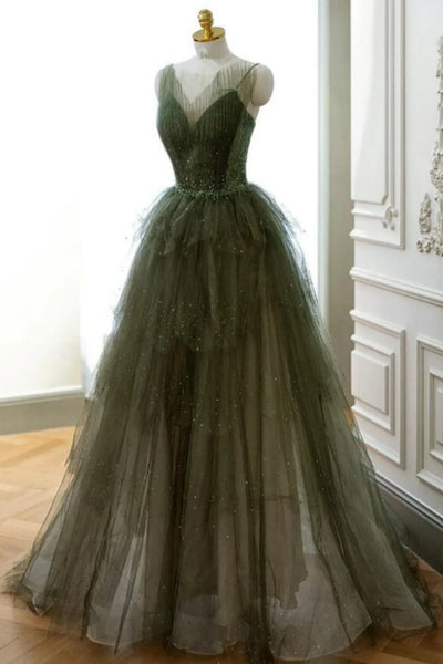 Dark Green V Neck Beaded Layered Tulle Long Prom Dresses, Dark Green Formal Graduation Evening Dresses WT1364