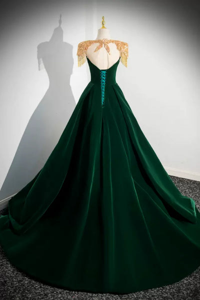 Dark Green Velvet Long Prom Dresses, Dark Green Formal Graduation Evening Dresses WT1413