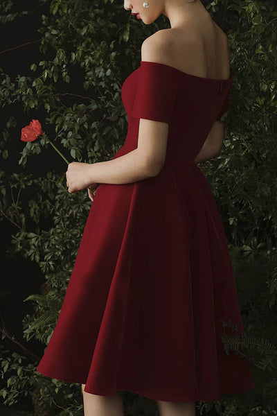 Dark Red A Line Off Shoulder Short Prom Dresses, Off the Shoulder Dark Red Homecoming Dresses WT1512