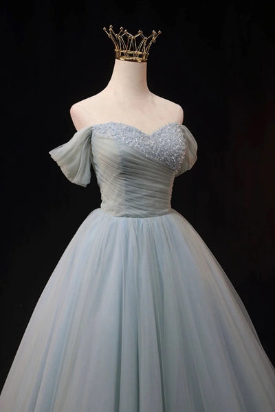 Dusty Blue Tulle Off the Shoulder Beaded Long Prom Dresses, Dusty Blue Formal Graduation Evening Dresses WT1338