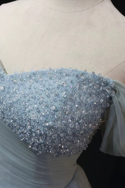 Dusty Blue Tulle Off the Shoulder Beaded Long Prom Dresses, Dusty Blue Formal Graduation Evening Dresses WT1338