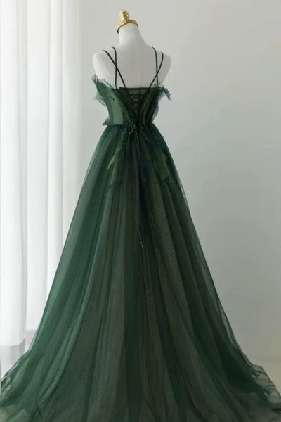 Elegant A Line Dark Green Tulle Long Prom Dresses, Long Dark Green Formal Graduation Evening Dresses WT1812