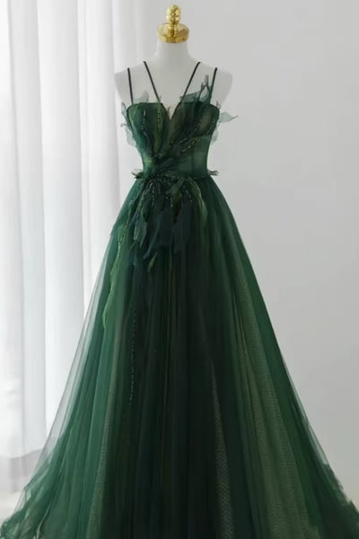 Elegant A Line Dark Green Tulle Long Prom Dresses, Long Dark Green Formal Graduation Evening Dresses WT1812