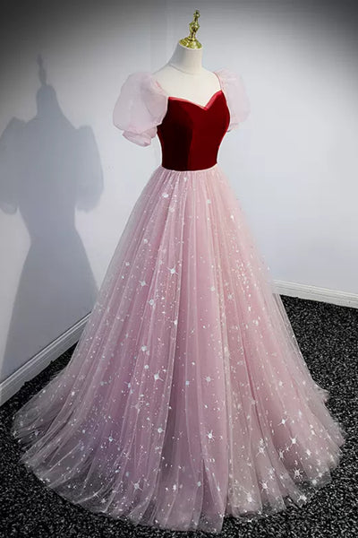 French Princess Short Sleeves Pink Long Prom Dresses, Pink Lace Formal Dresses, Long Pink Evening Dresses WT1267