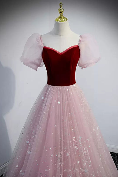 French Princess Short Sleeves Pink Long Prom Dresses, Pink Lace Formal Dresses, Long Pink Evening Dresses WT1267