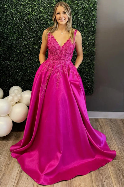 Fuchsia A Line V Neck Lace Long Prom Dresses, Fuchsia Lace Formal Graduation Evening Dresses WT1353