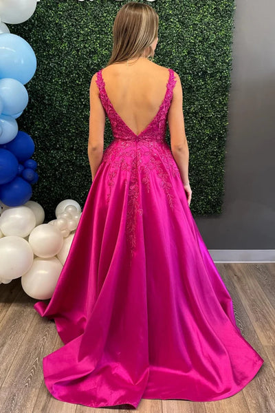 Fuchsia A Line V Neck Lace Long Prom Dresses, Fuchsia Lace Formal Graduation Evening Dresses WT1353