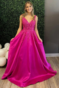 Fuchsia A Line V Neck Lace Long Prom Dresses, Fuchsia Lace Formal Graduation Evening Dresses WT1353