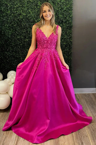 Fuchsia A Line V Neck Lace Long Prom Dresses, Fuchsia Lace Formal Graduation Evening Dresses WT1353