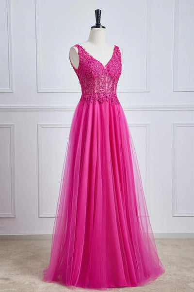 Fuchsia A Line V Neck Lace Tulle Long Prom Dresses, Fuchsia Lace Formal Dresses, Fuchsia Evening Dresses WT1404