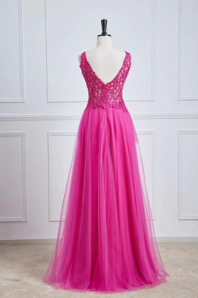 Fuchsia A Line V Neck Lace Tulle Long Prom Dresses, Fuchsia Lace Formal Dresses, Fuchsia Evening Dresses WT1404