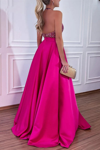 Fuchsia Satin Halter Neck Backless Beaded Long Prom Dresses with Pocket, Backless Fuchsia Formal Graduation Evening Dresses WT1454