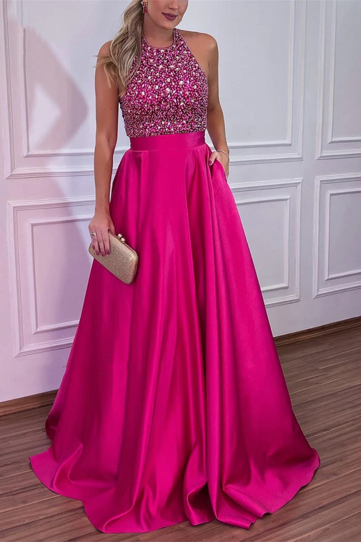 Fuchsia Satin Halter Neck Backless Beaded Long Prom Dresses with Pocket, Backless Fuchsia Formal Graduation Evening Dresses WT1454