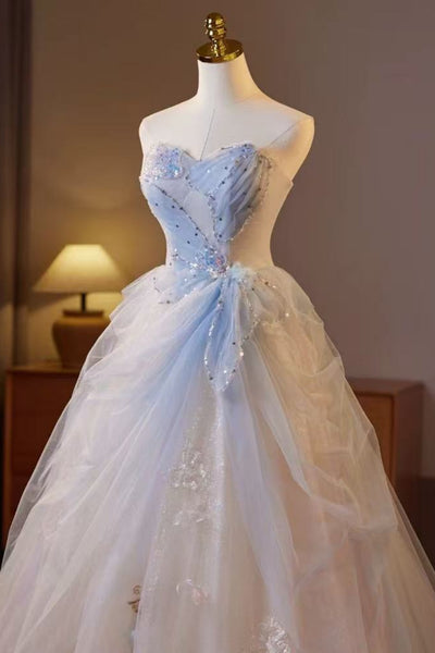 Gorgeous Beaded Blue Tulle Long Prom Dresses with Appliques, Blue Formal Evening Dresses, Ball Gown WT1719