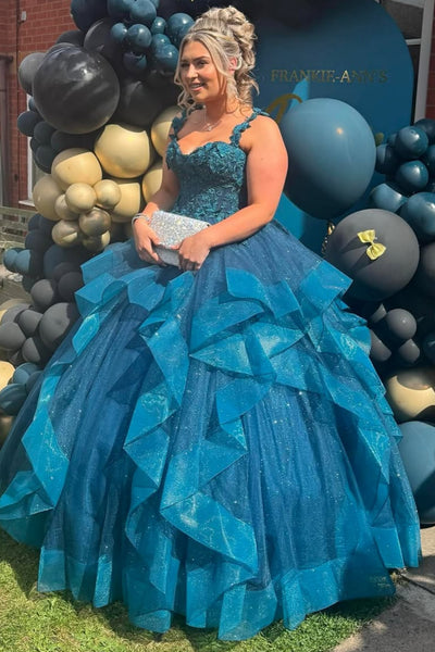 Gorgeous Fluffy Tulle Peacock Blue Lace Long Prom Dresses, Peacock Blue Lace Formal Evening Dresses, Lace Ball Gown WT1734