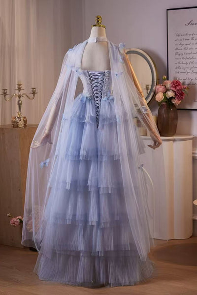 Gorgeous Layered Blue Lace Floral Long Prom Dresses, Blue Lace Formal Dresses, Blue Evening Dresses with Flowers WT1727