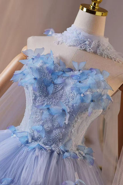 Gorgeous Layered Blue Lace Floral Long Prom Dresses, Blue Lace Formal Dresses, Blue Evening Dresses with Flowers WT1727