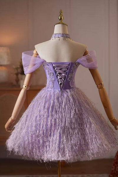 Gorgeous Off the Shoulder Beaded Purple Short Prom Dresses with Feather, Off Shoulder Purple Homecoming Dresses WT1817
