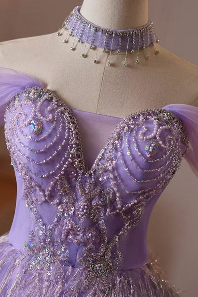 Gorgeous Off the Shoulder Beaded Purple Short Prom Dresses with Feather, Off Shoulder Purple Homecoming Dresses WT1817