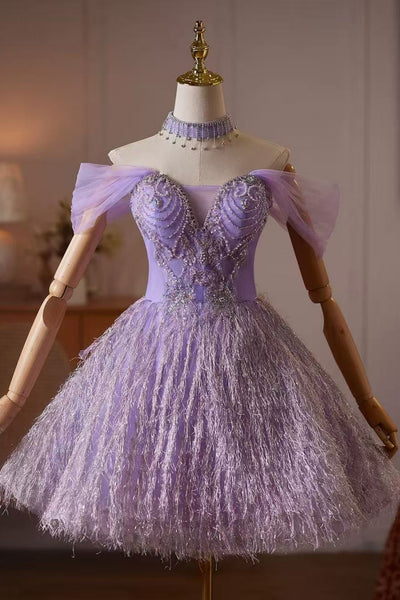 Gorgeous Off the Shoulder Beaded Purple Short Prom Dresses with Feather, Off Shoulder Purple Homecoming Dresses WT1817