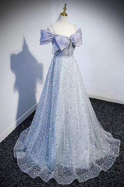 Gray Sequins Shiny Off the Shoulder Long Prom Dresses, Gray Sequins Tulle Formal Graduation Evening Dresses WT11386