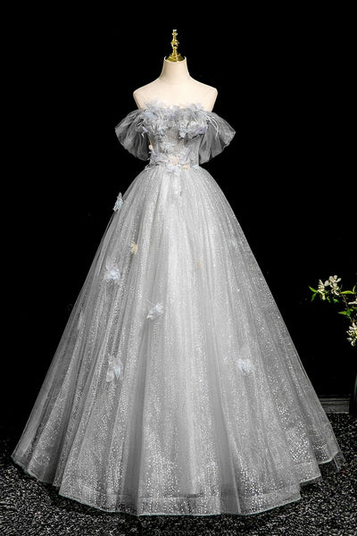 Gray Tulle A Line Off the Shoulder Long Prom Dresses with Flowers, Off Shoulder Gray Floral Formal Evening Dresses WT1674