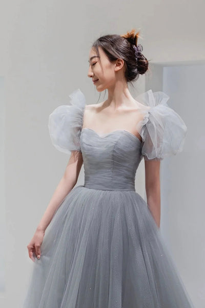 Gray Tulle A Line Short Sleeves Long Prom Dresses, Long Gray Formal Graduation Evening Dresses WT1425