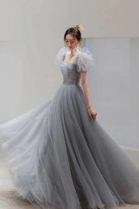 Gray Tulle A Line Short Sleeves Long Prom Dresses, Long Gray Formal Graduation Evening Dresses WT1425