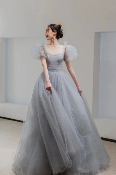 Gray Tulle A Line Short Sleeves Long Prom Dresses, Long Gray Formal Graduation Evening Dresses WT1425