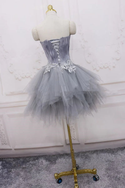 Gray Tulle Strapless Lace Long Prom Dresses, Short Gray Lace Homecoming Dresses WT1525