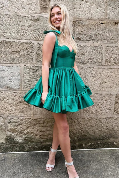 Green A Line Tie Straps Short Satin Prom Dresses, Short Green Homecoming Dresses WT1493