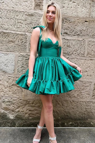 Green A Line Tie Straps Short Satin Prom Dresses, Short Green Homecoming Dresses WT1493