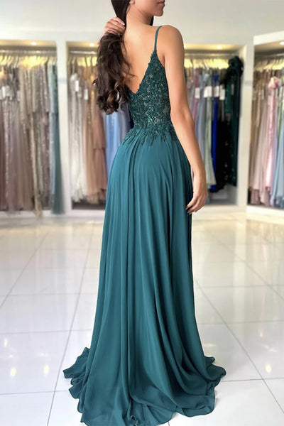 Green Chiffon A Line V Neck High Slit Lace Long Prom Dresses, Green Lace Formal Dresses, Long Green Evening Dresses WT1597