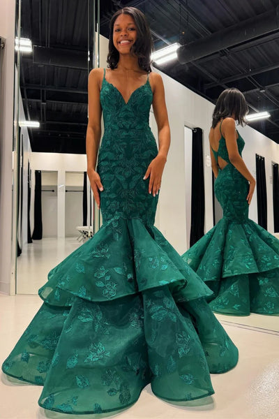 Green Gorgeous V Neck Mermaid Lace Long Prom Dresses, Mermaid Green Formal Evening Dresses, Green Ball Gown WT1455