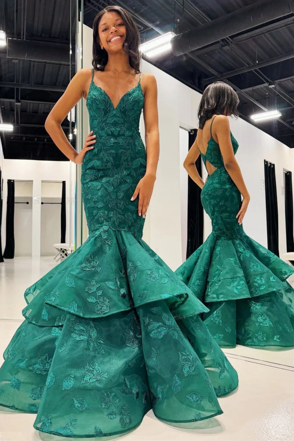 Green Gorgeous V Neck Mermaid Lace Long Prom Dresses, Mermaid Green Formal Evening Dresses, Green Ball Gown WT1455