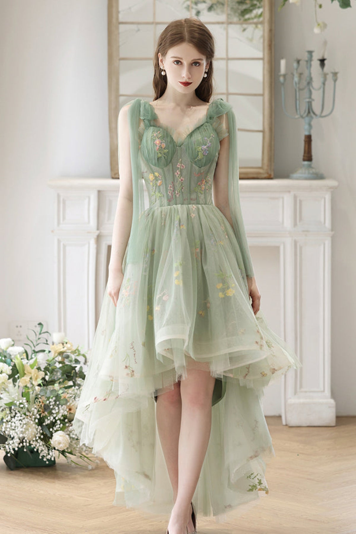 Green Lovely V Neck High Low Lace Prom Dresses with Appliques, Green Lace Homecoming Dresses, Green Floral Formal Graduation Evening Dresses WT1259