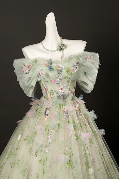 Green Off the Shoulder Long Prom Dresses with 3D Flowers, Green Floral Formal Evening Dresses, Ball Gown WT1683