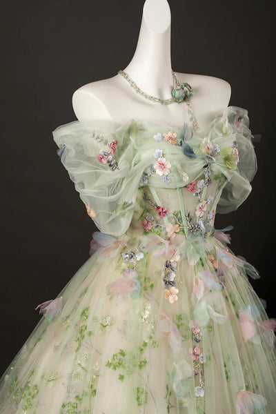 Green Off the Shoulder Long Prom Dresses with 3D Flowers, Green Floral Formal Evening Dresses, Ball Gown WT1683