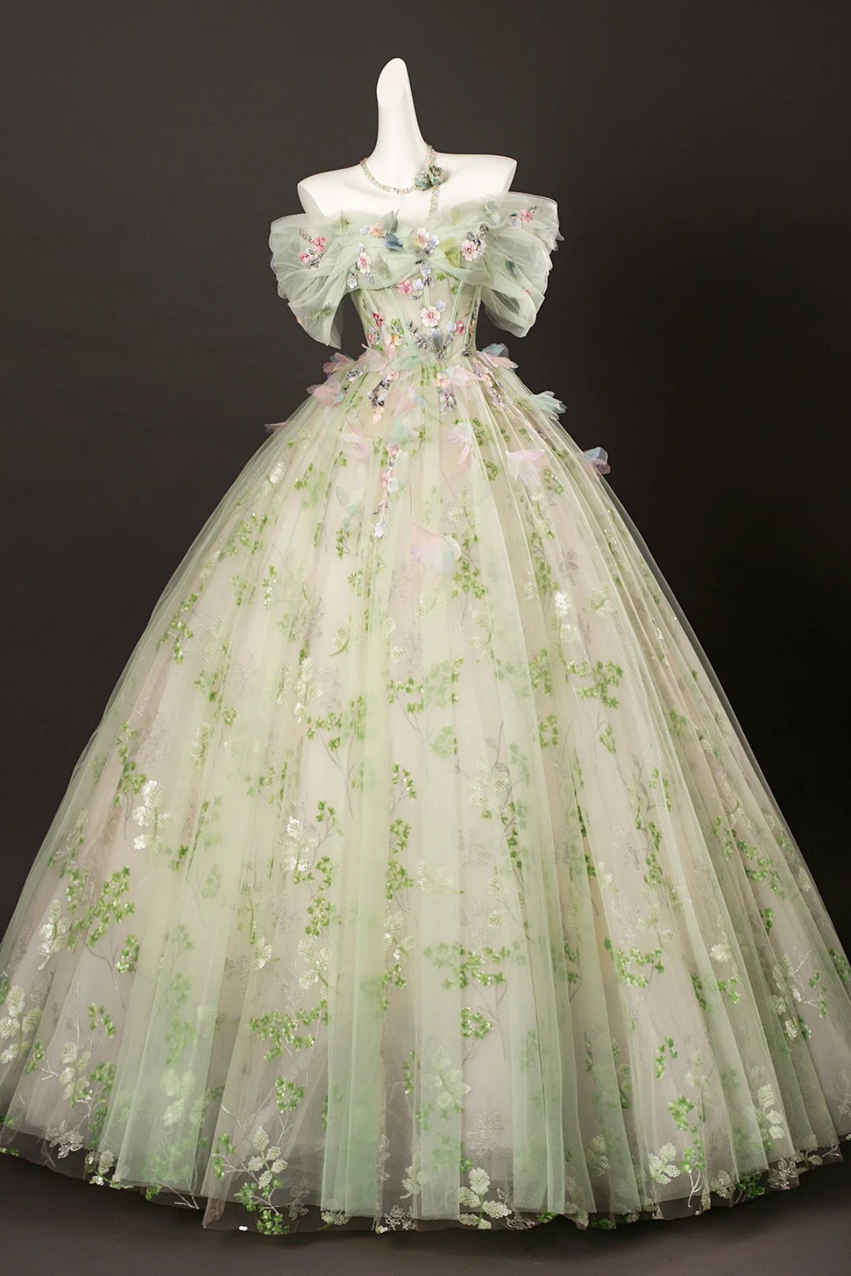Green Off the Shoulder Long Prom Dresses with 3D Flowers, Green Floral Formal Evening Dresses, Ball Gown WT1683
