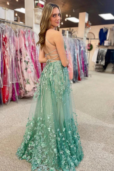 Green Open Back Beaded Lace Floral Long Prom Dresses with Pocket, Green Lace Formal Graduation Evening Dresses WT1352