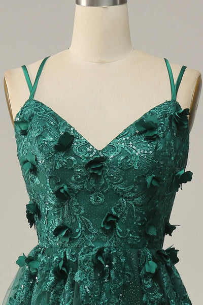 Green Open Back Lace Floral Long Prom Dresses with High Slit, Green Lace Formal Dresses, Green Evening Dresses with 3D Flowers WT1333