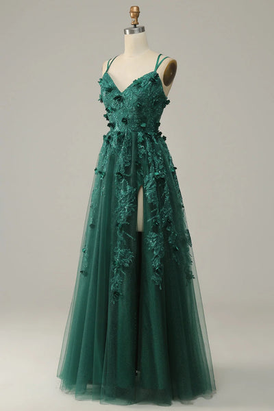 Green Open Back Lace Floral Long Prom Dresses with High Slit, Green Lace Formal Dresses, Green Evening Dresses with 3D Flowers WT1333