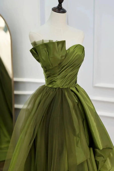 Green Satin A Line Asymmetrical Strapless Long Prom Dresses with Ruffles, Long Green Formal Graduation Evening Dresses WT1326